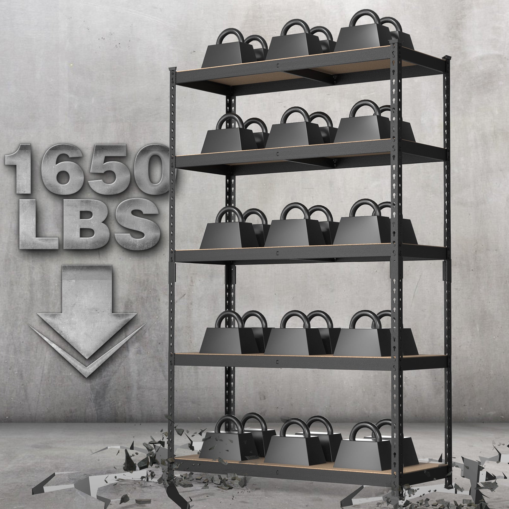 Tall 5-tier heavy-duty steel shelving rack with MDF shelves and upright grid frame