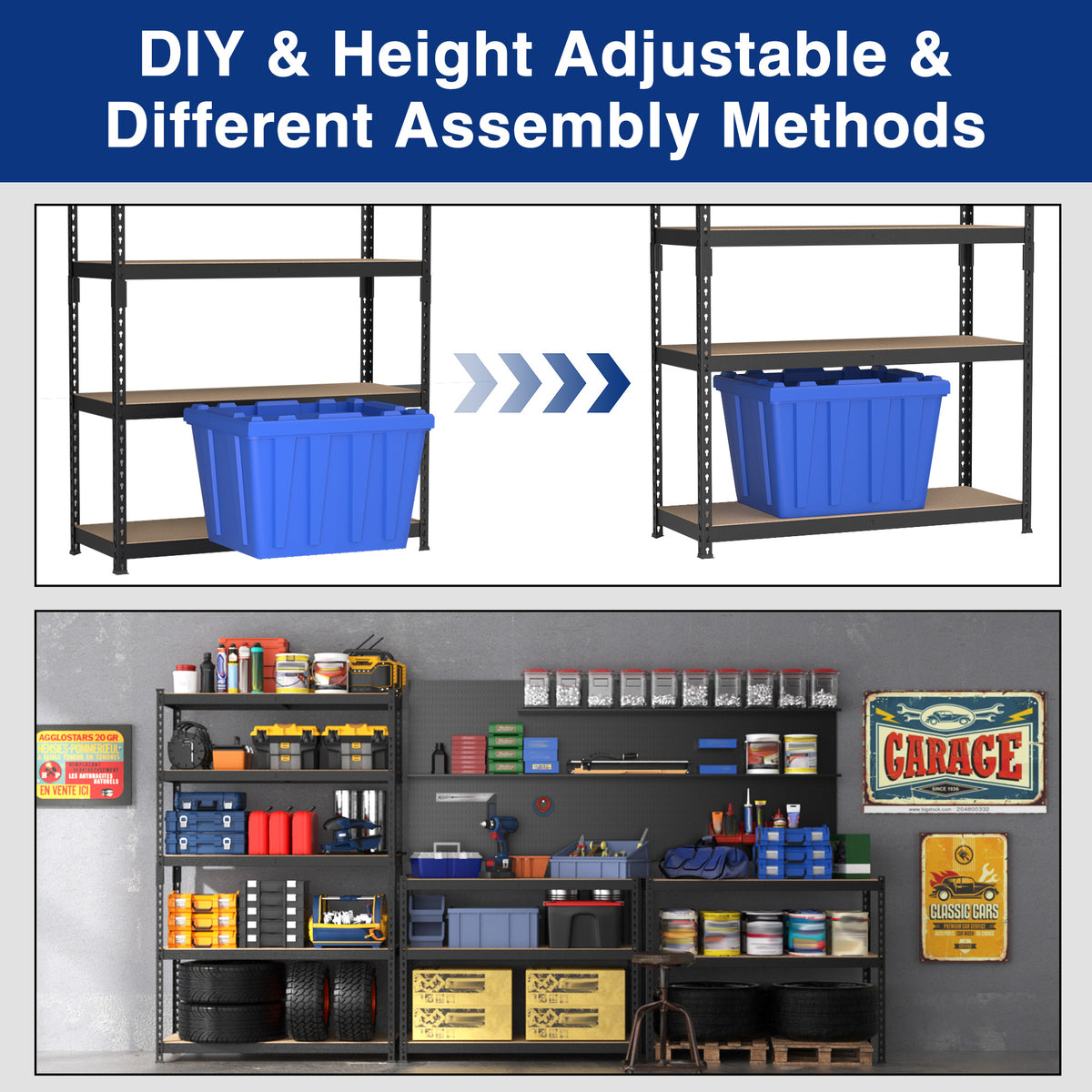 DIY adjustable 5-tier steel storage rack with MDF shelves and perforated support beams