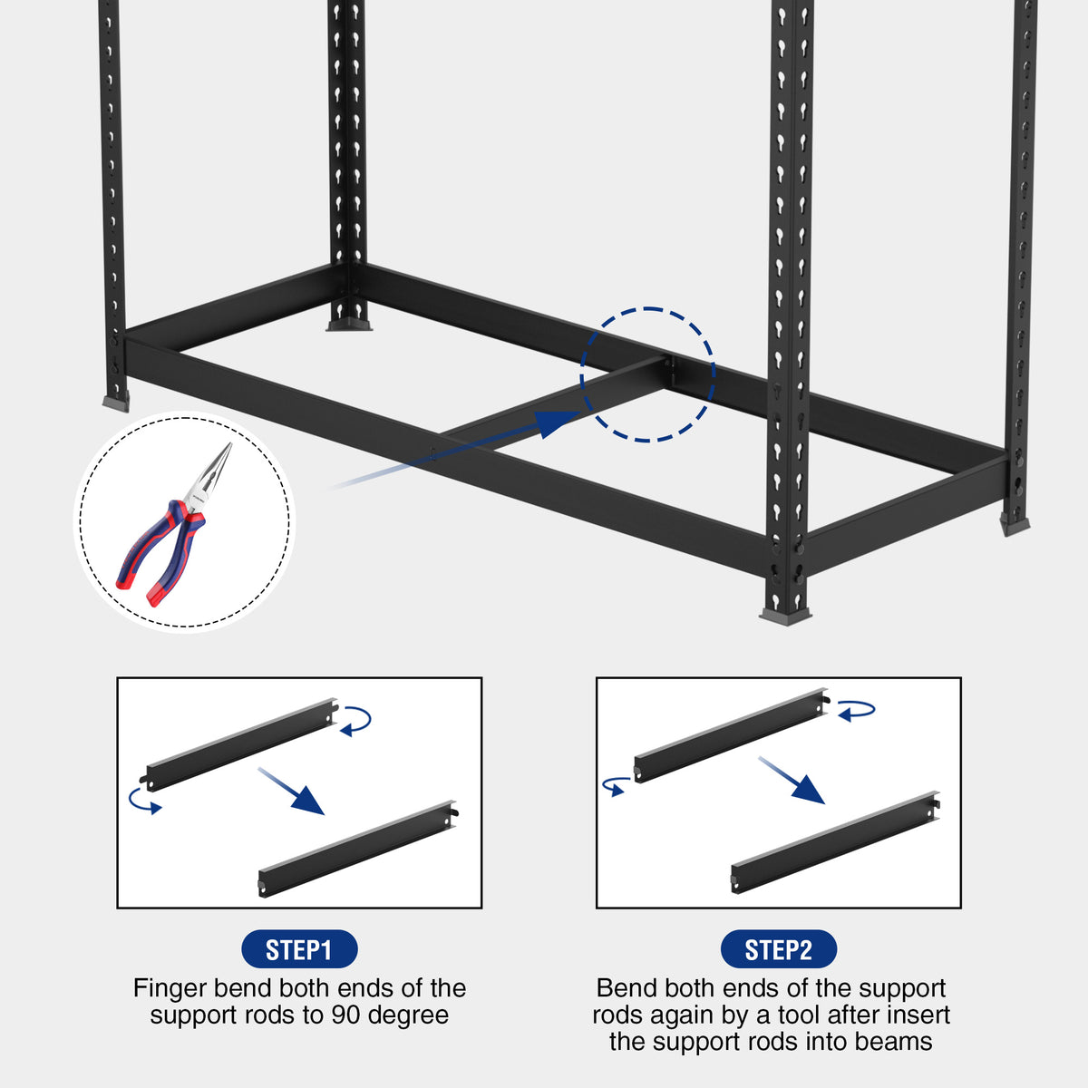Steel shelf support rods and beams for adjustable 5-tier storage rack assembly