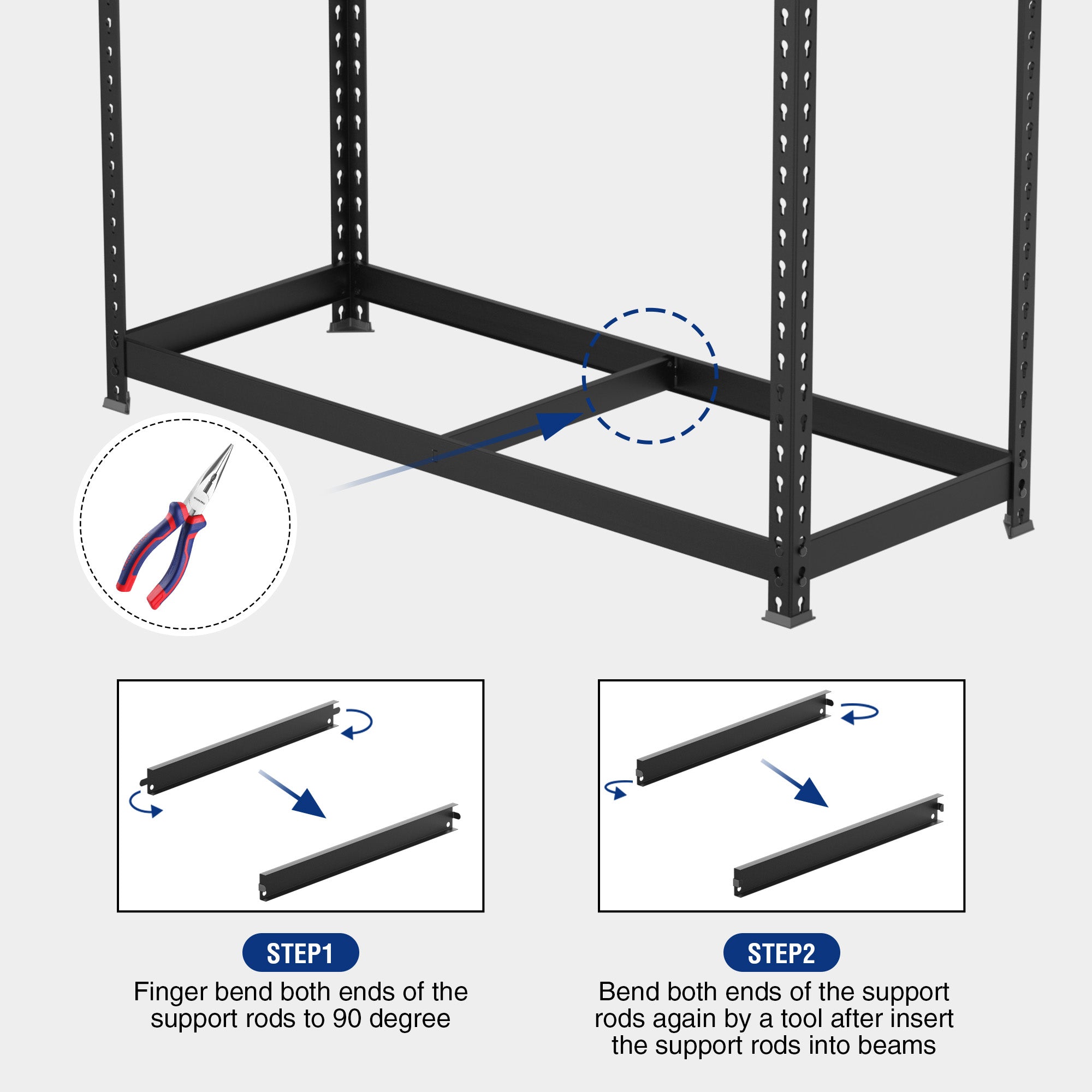 Steel shelf support rods and beams for adjustable 5-tier storage rack assembly