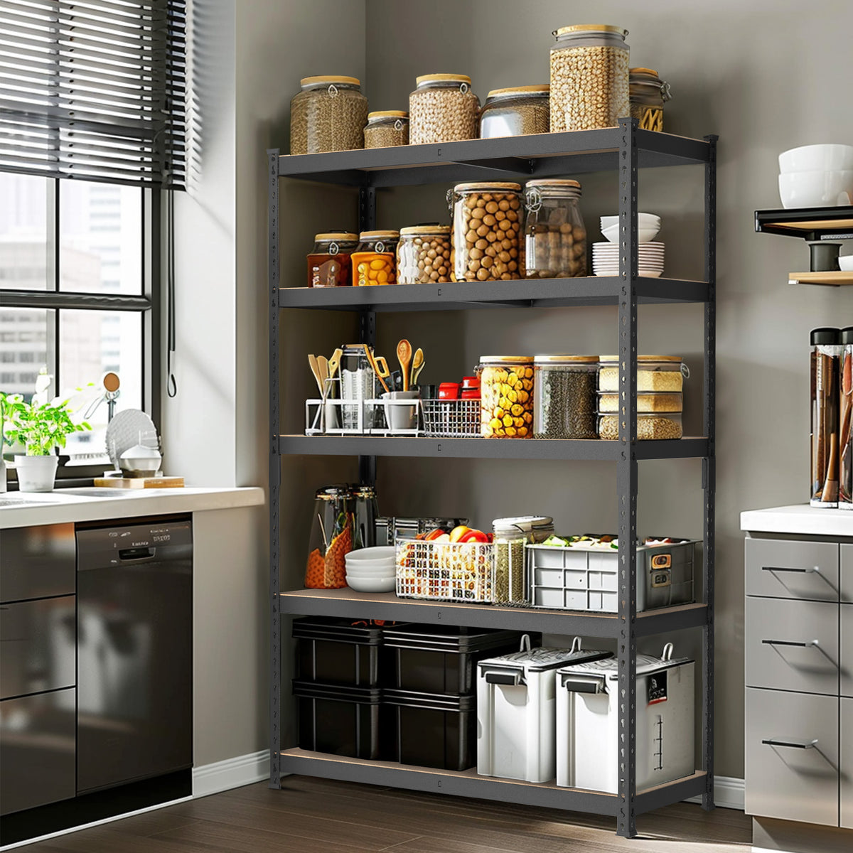 Gray 5-tier steel shelving unit with MDF shelves and open frame for pantry storage