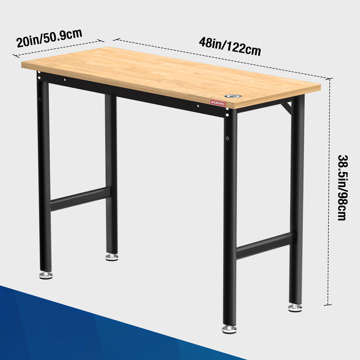Rectangular workbench with light wood top, black frame, crossbar and tall legs