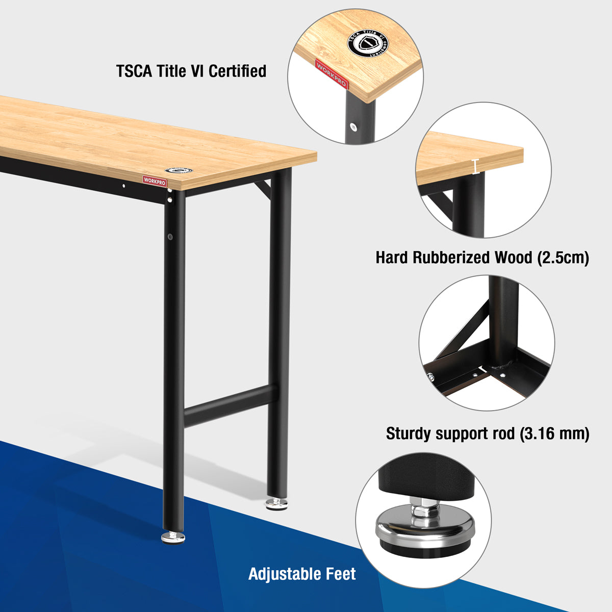 Workbench frame close-up with support rod, rubberized wood end, and adjustable foot