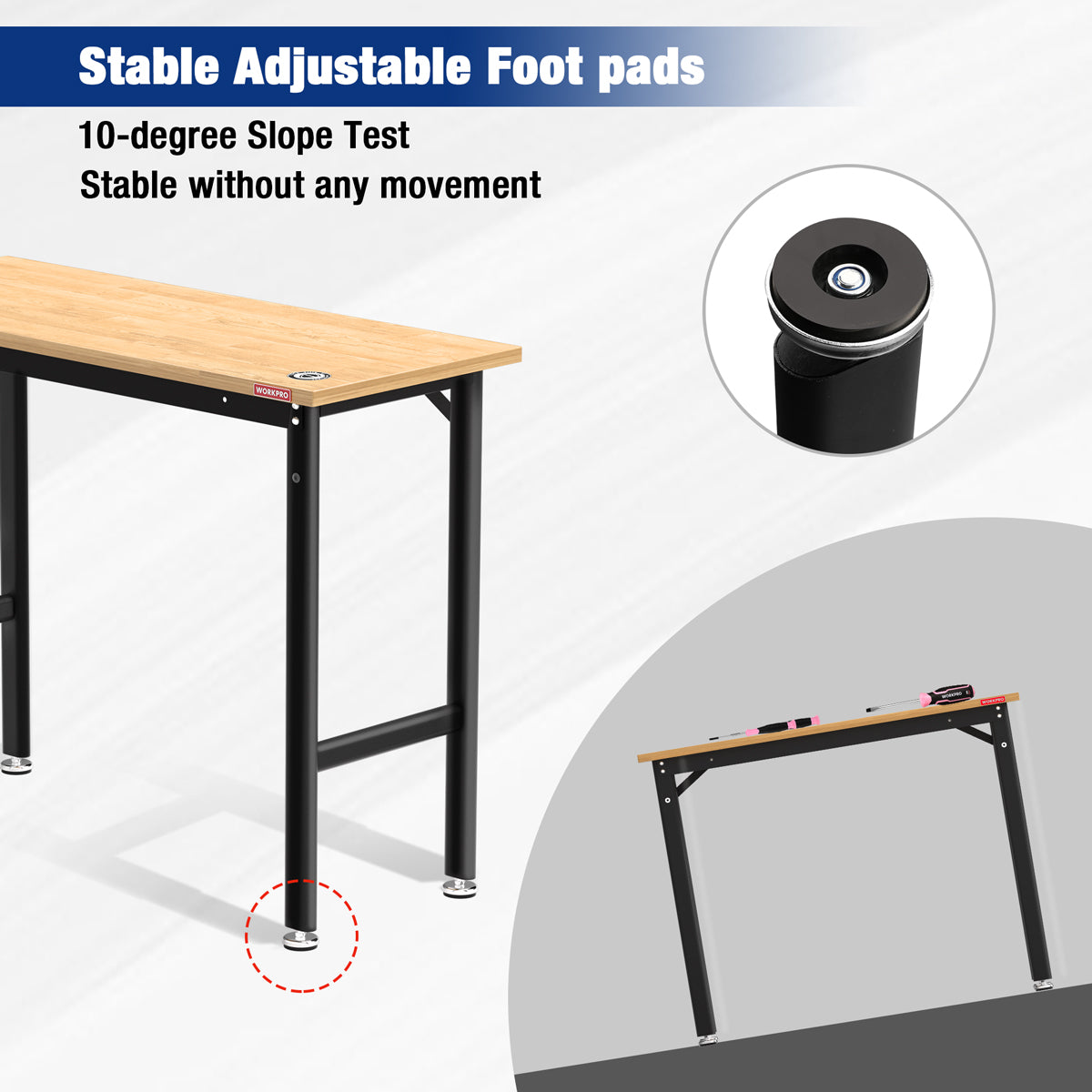 Workbench with stable adjustable rubber foot pads for level footing on uneven floors