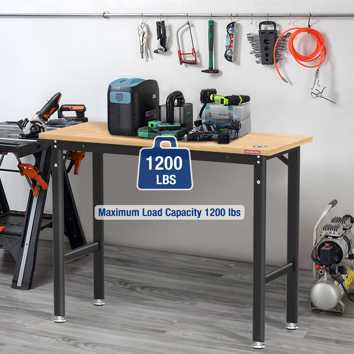 Workbench with light wood top and black legs with adjustable feet