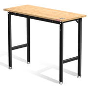 Rectangular workbench with light wood top and black steel frame, leveling feet