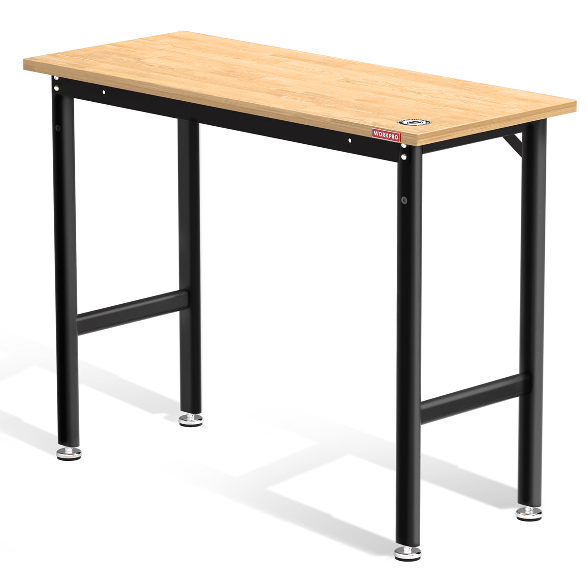 Rectangular workbench with light wood top and black steel frame, leveling feet
