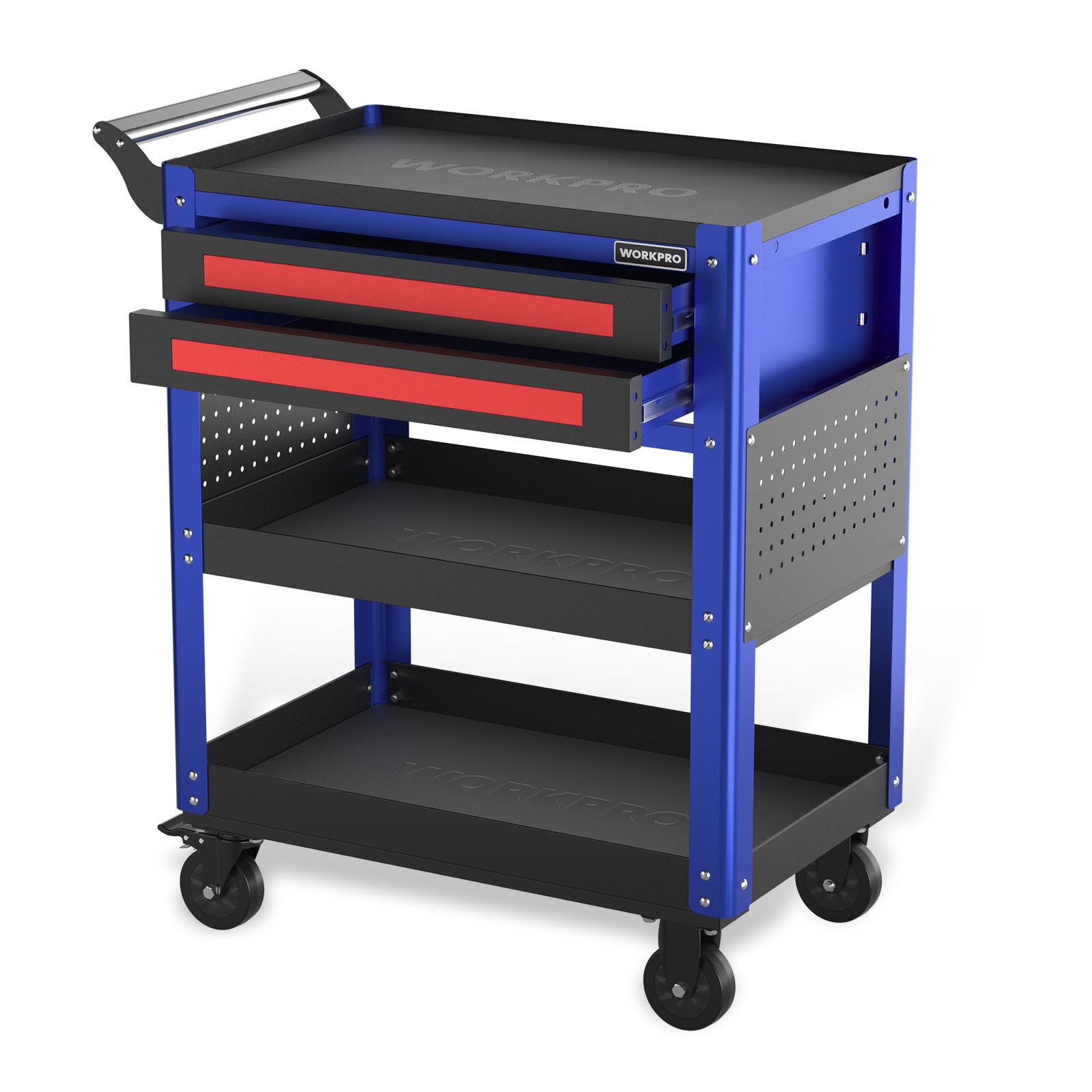Blue rolling tool cart with two red drawers, black work top, and four caster wheels.