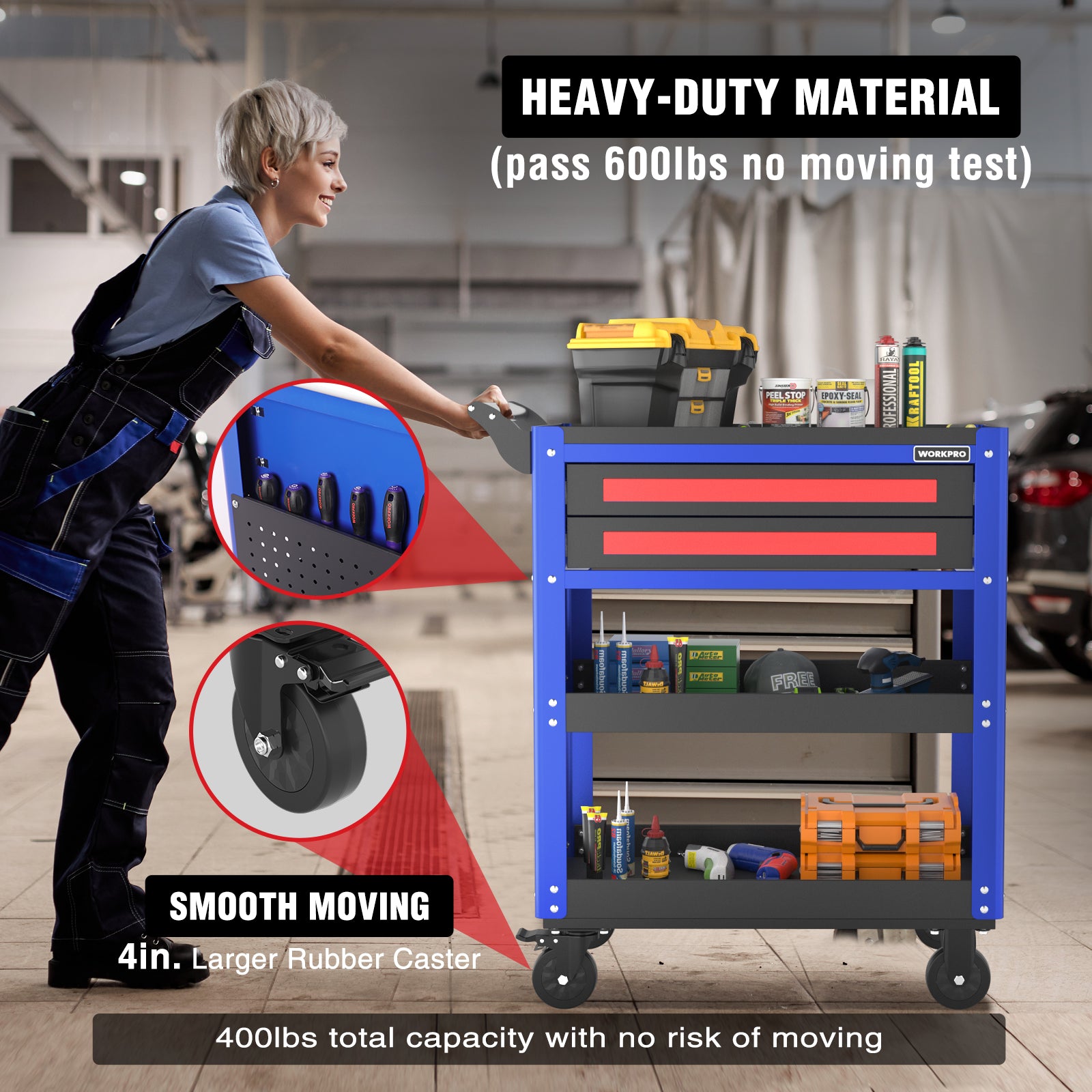 Blue tool cart with red drawer fronts and perforated side panels, shown with tools.