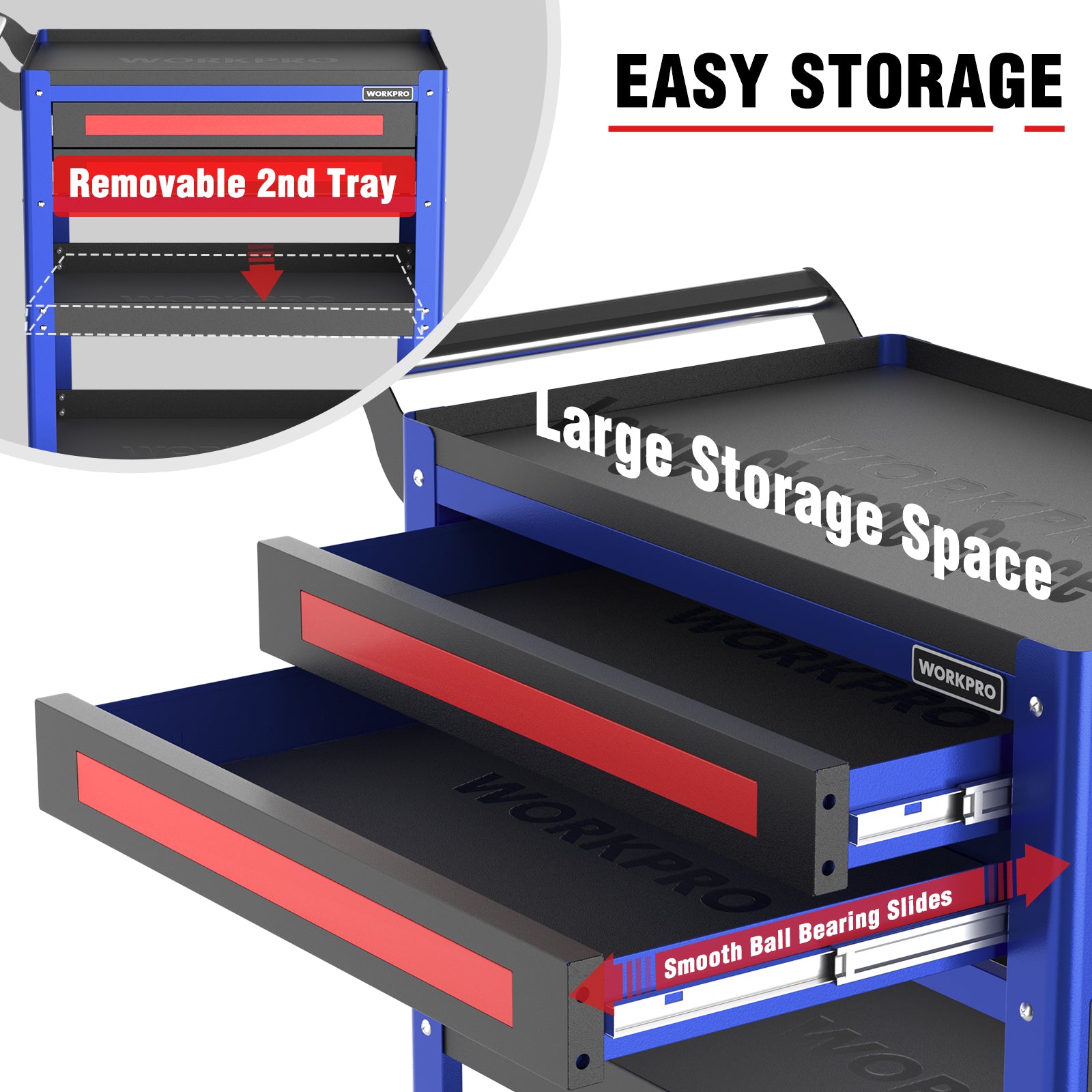 Blue tool cart with two stacked drawers and smooth ball bearing slide rails, open.