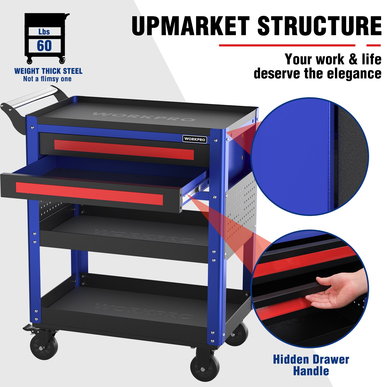 Blue utility tool cart with red drawer inserts, perforated side panels, and caster wheels.
