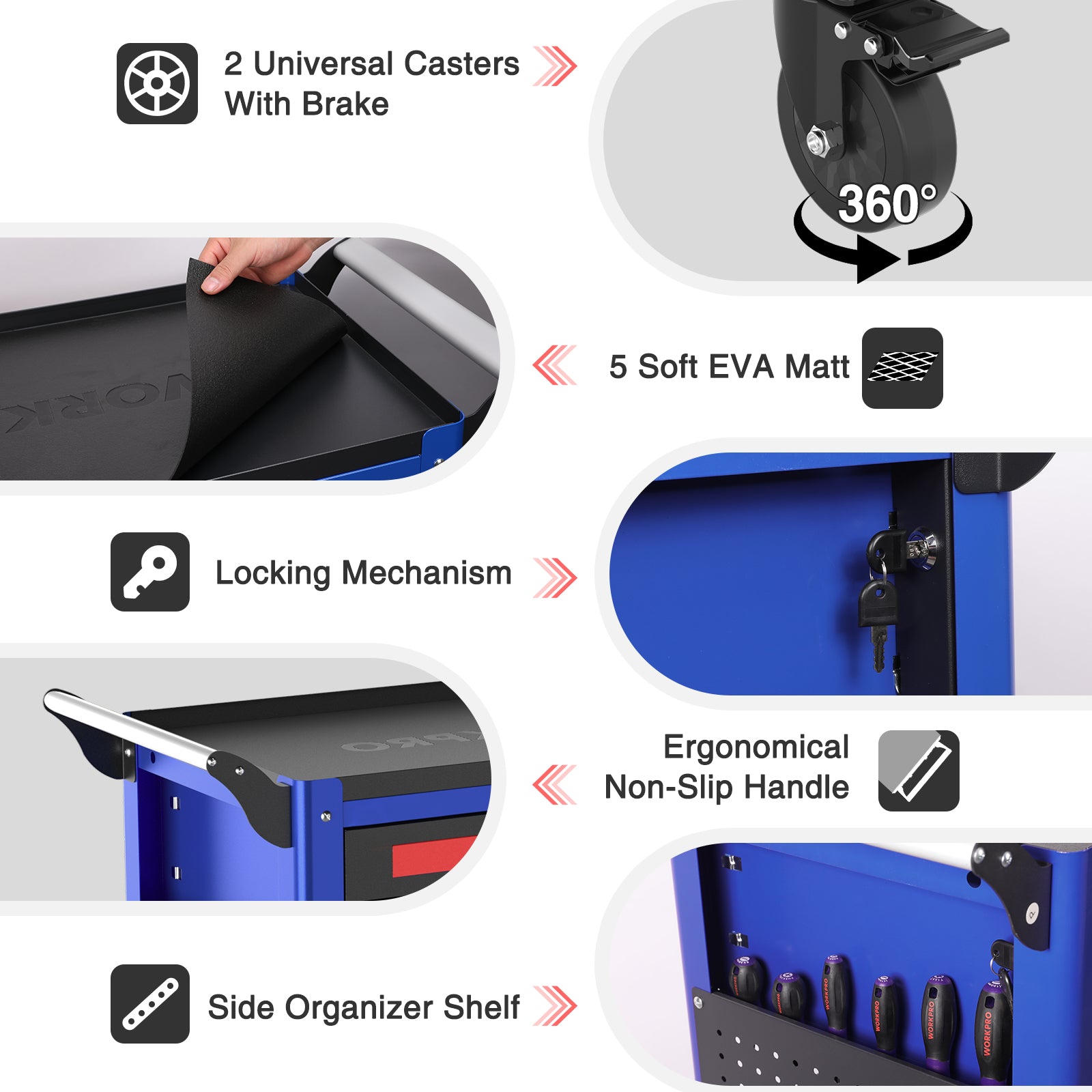 Blue tool cart with locking mechanism, 360° casters, and side organizer shelf.