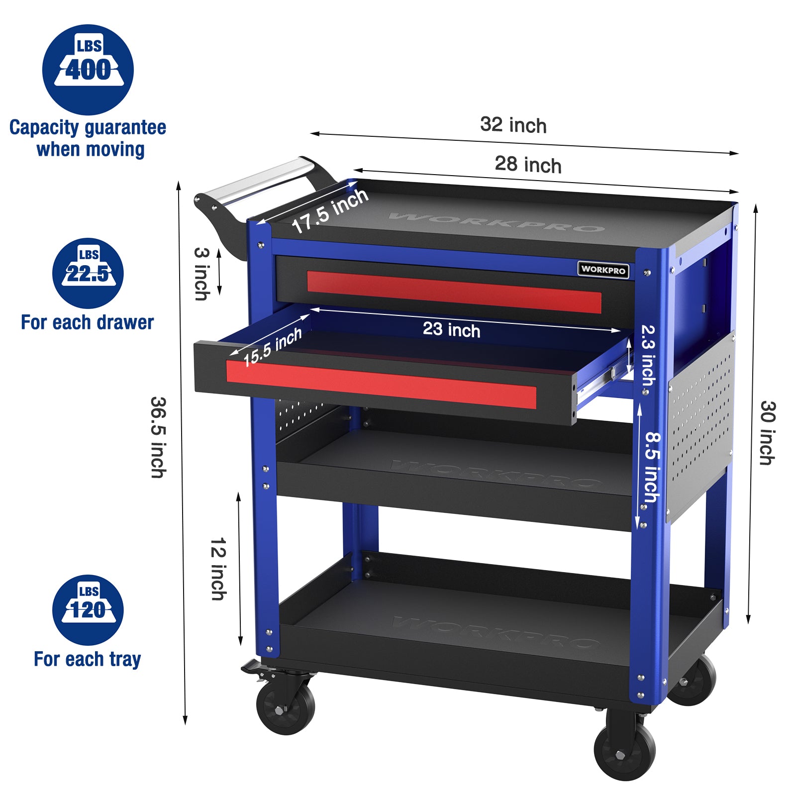 Blue tool cart with open shelves and two red drawers on four caster wheels.