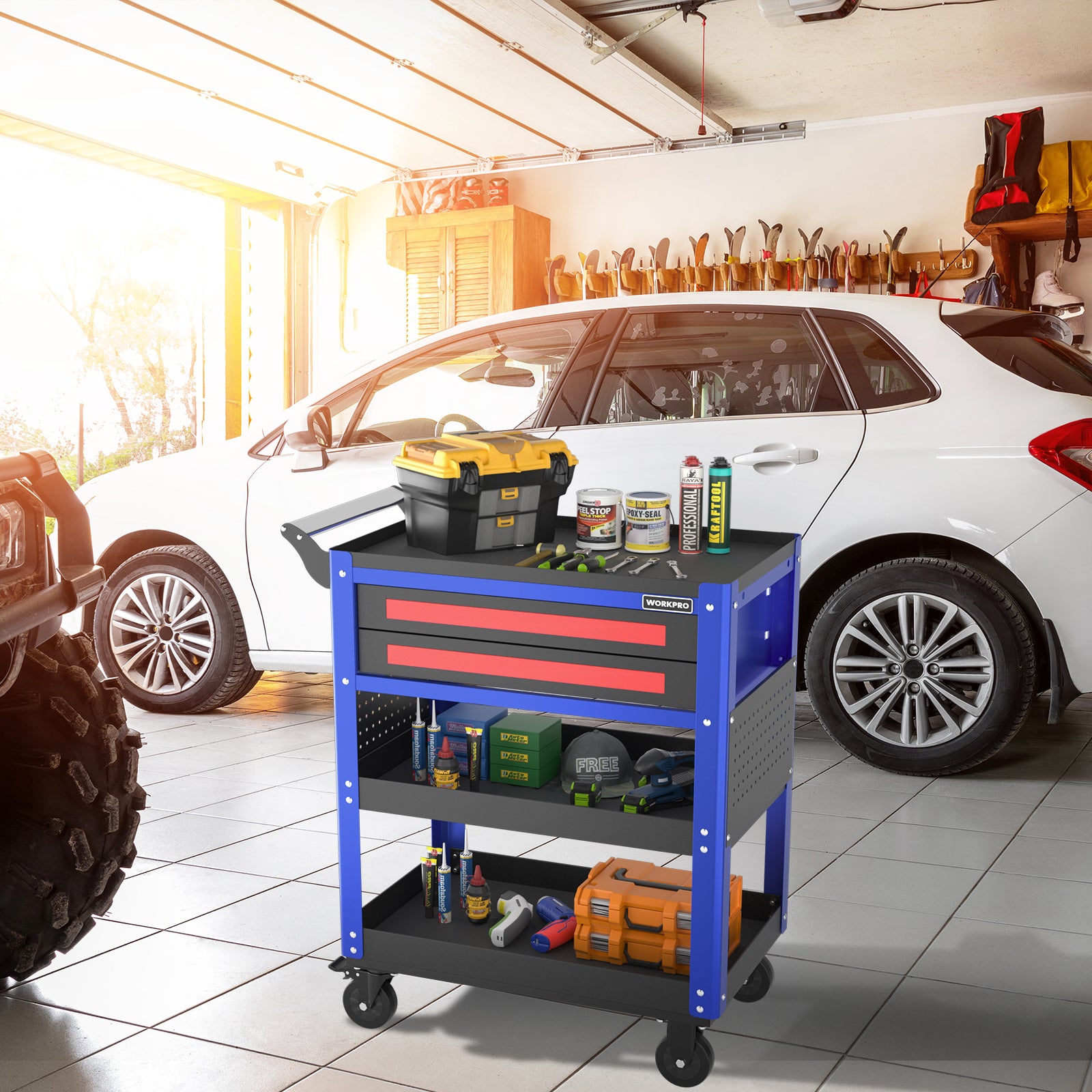Blue tool cart with red drawers filled with tools and bottles, rolling on caster wheels.