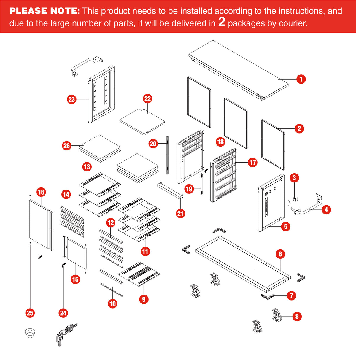 Tool chest parts diagram with 2 doors, multiple drawers, and caster hardware