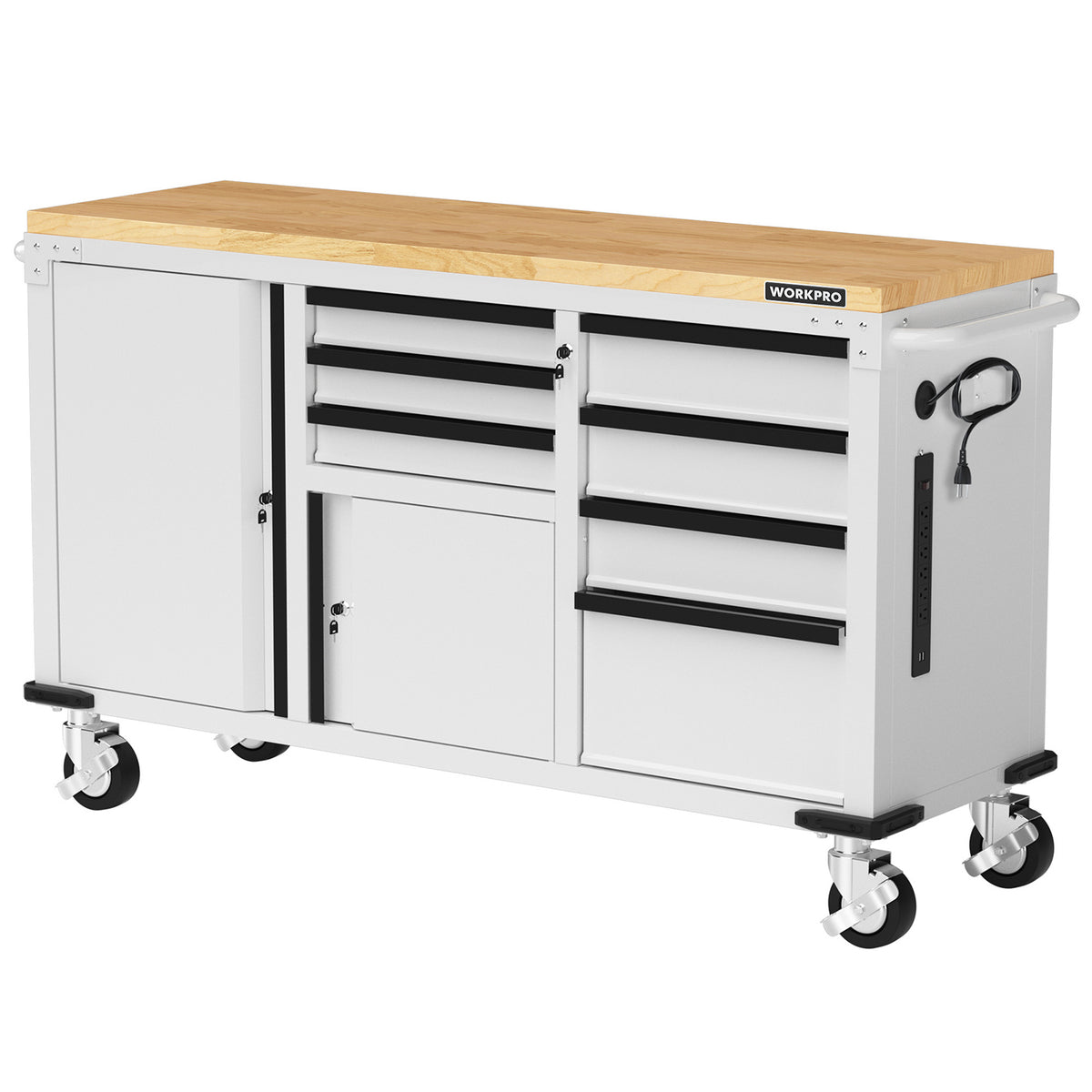 Rolling tool storage cabinet with wooden top, 7 drawers, 2 doors, and caster wheels