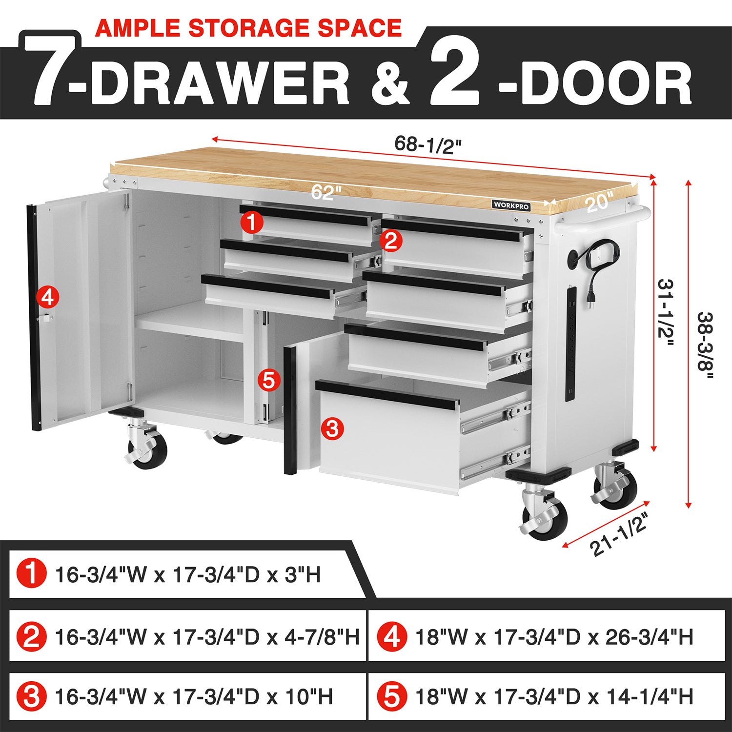 Open 7-drawer and 2-door rolling tool cabinet with wooden worktop and lock handle