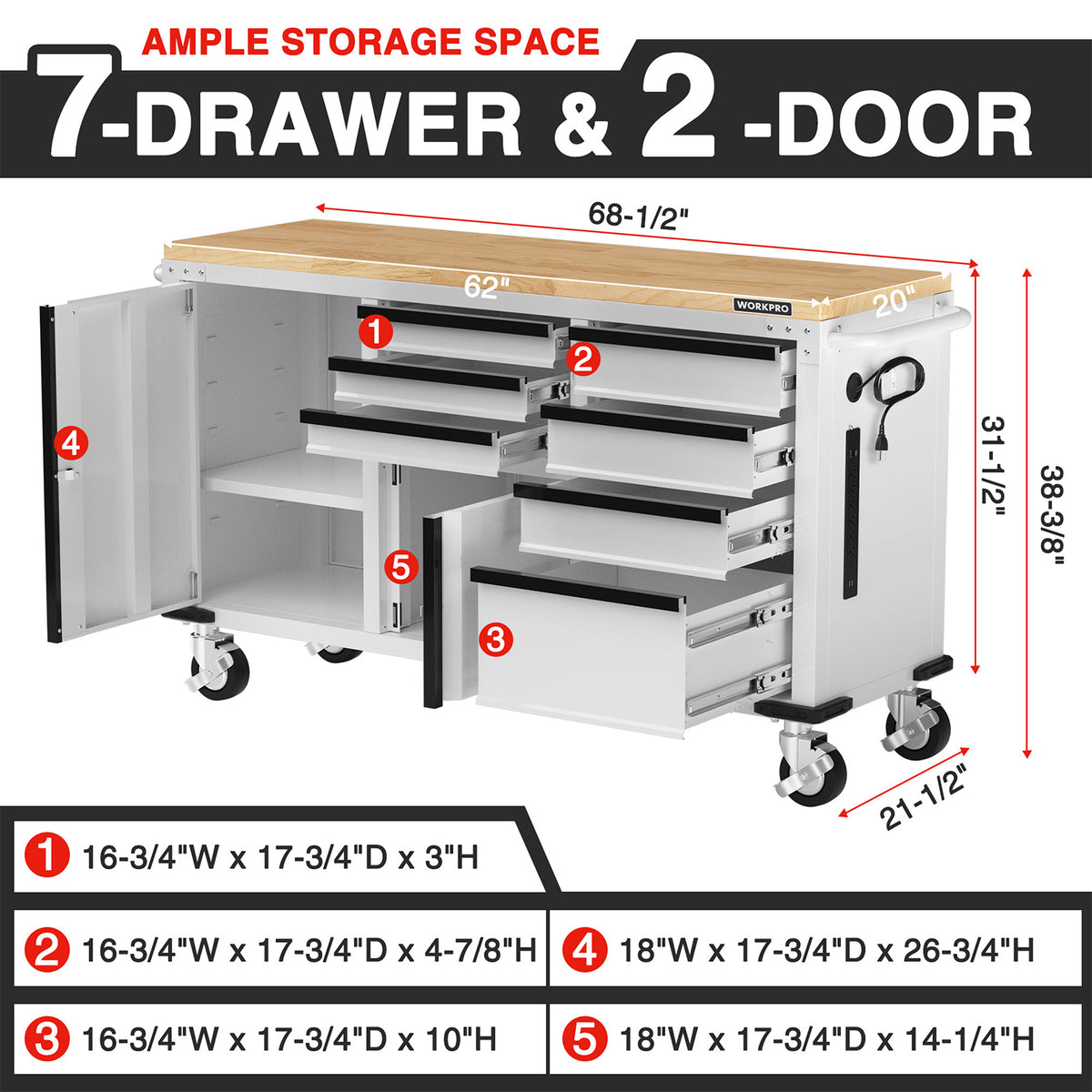 Open 7-drawer and 2-door rolling tool cabinet with wooden worktop and lock handle