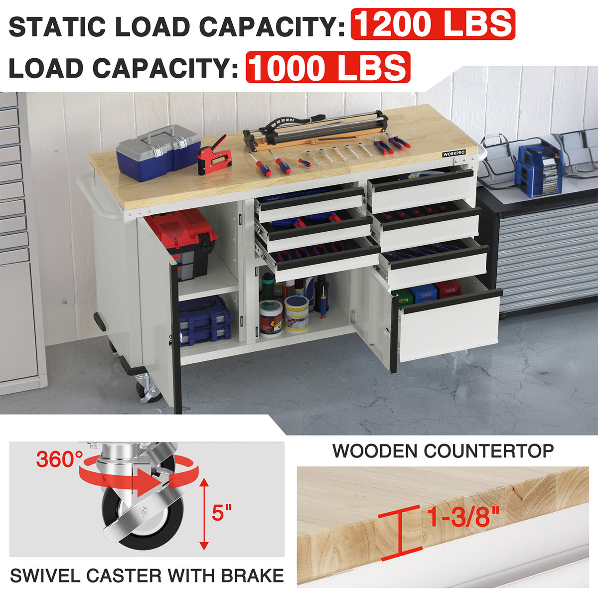 Rolling tool cabinet with wooden countertop and multiple drawers, doors, and side compartments