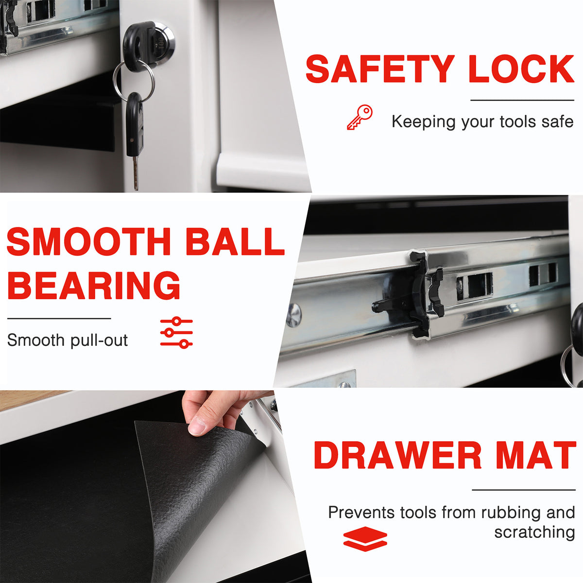 Tool cabinet drawer and door area with safety lock, smooth sliding hardware, and drawer mat