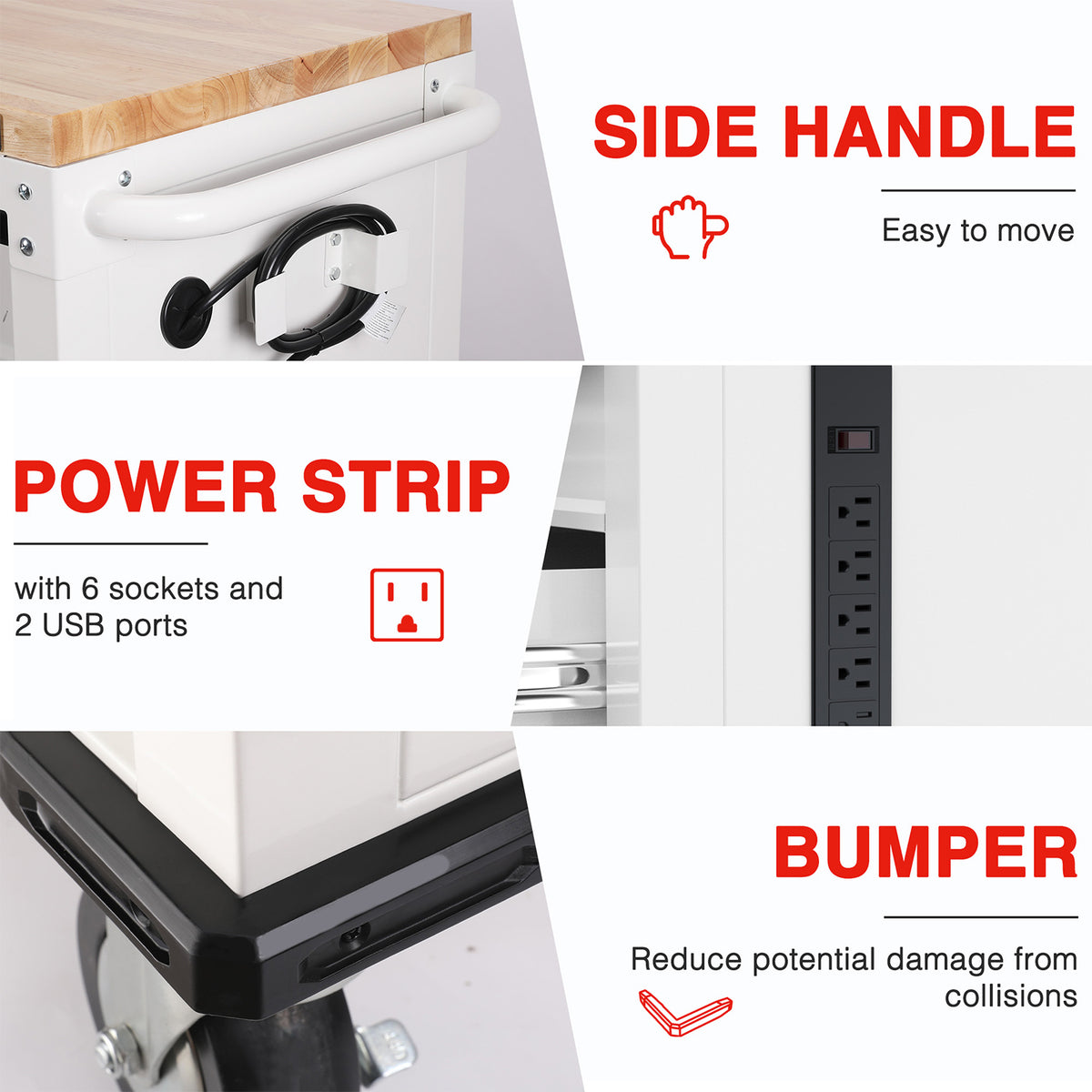 Rolling tool cabinet showing side handle, power strip with outlets and USB ports, and bumper