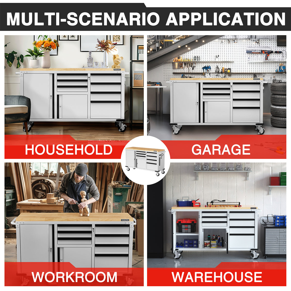 Rolling tool storage cabinet placed in a garage or workshop with drawers and cabinets