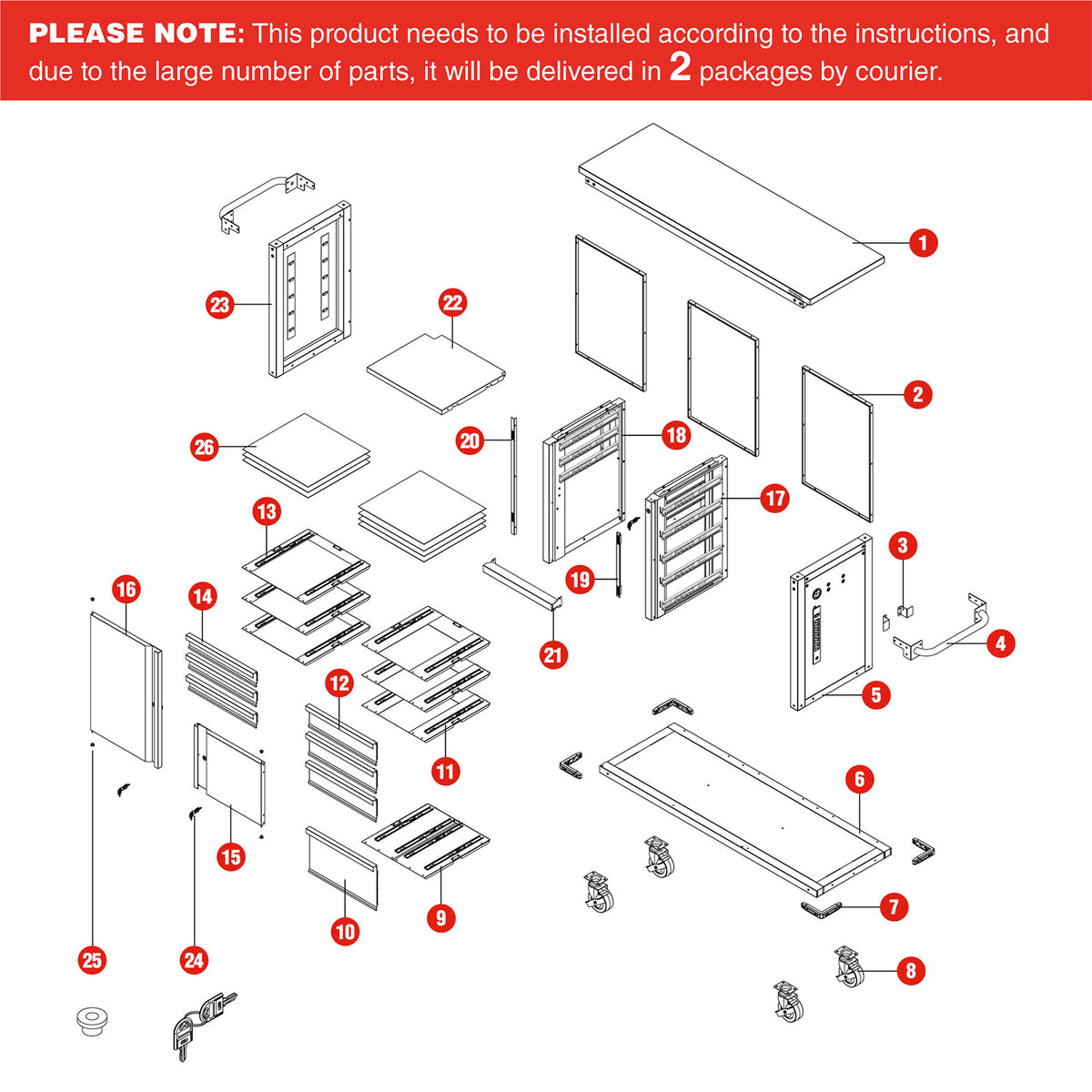 Assembly diagram for rolling tool storage cabinet parts and hardware