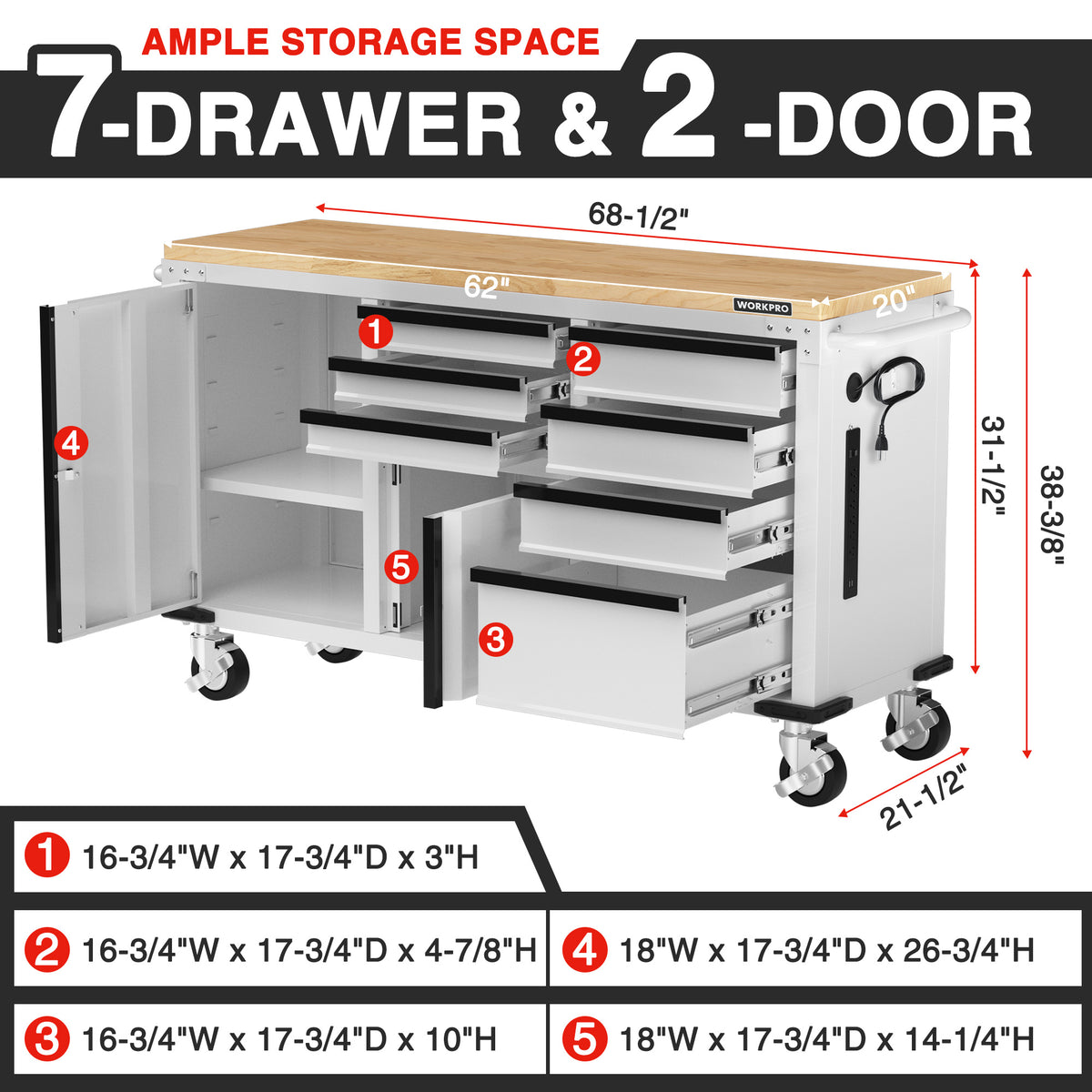 Rolling tool chest showing 7 drawers and 2 doors with wood top and side handle