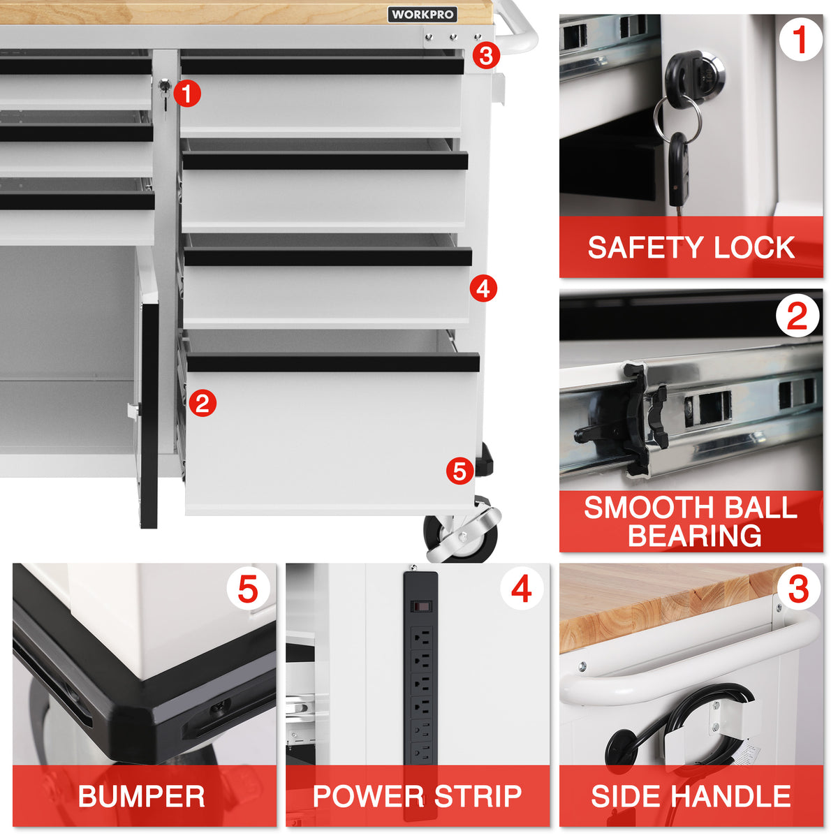 Open tool chest with safety lock, smooth drawer slides, and built-in power strip