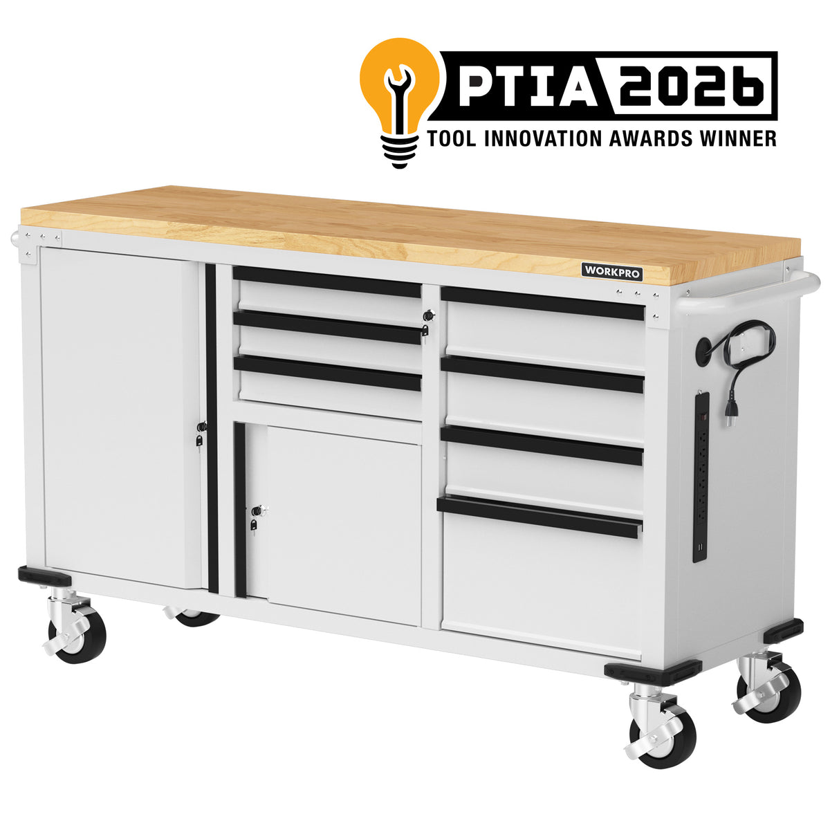WORKPRO 62" x 20" 7-Drawer & 2-Door Rolling Tool Storage Cabinet with Power Strip, Locking System - 1000 lbs Capacity