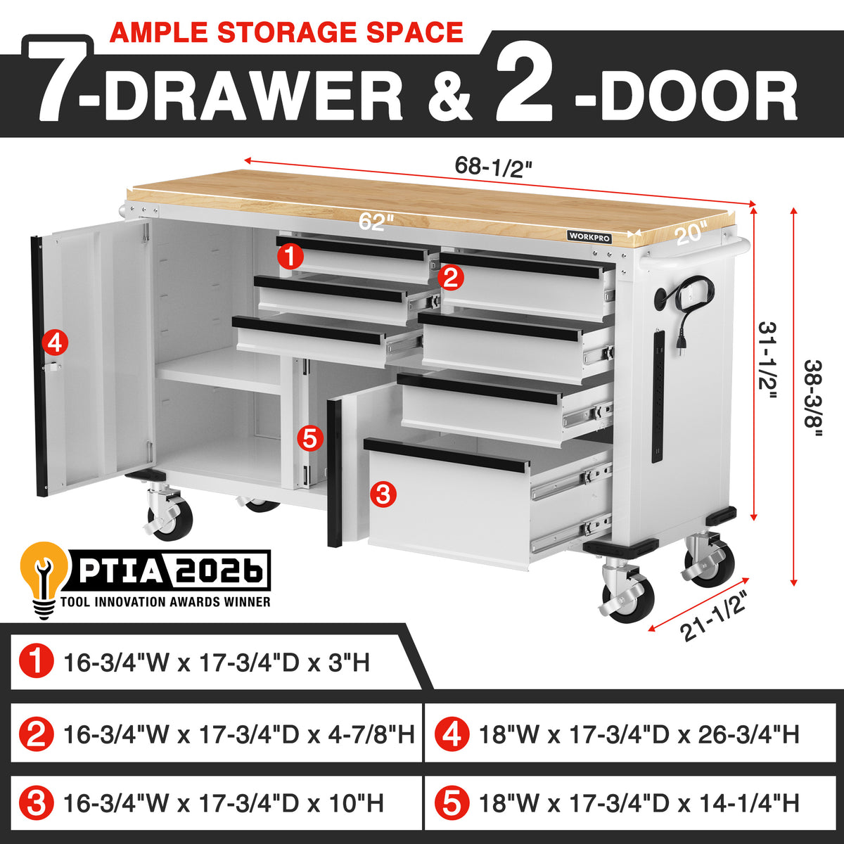 WORKPRO 62" x 20" 7-Drawer & 2-Door Rolling Tool Storage Cabinet with Power Strip, Locking System - 1000 lbs Capacity