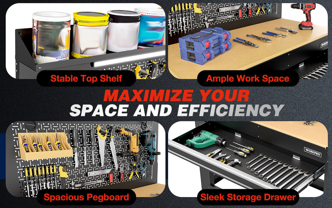 Tool storage workbench with stable top shelf, ample workspace, pegboard, and secure drawers with tools