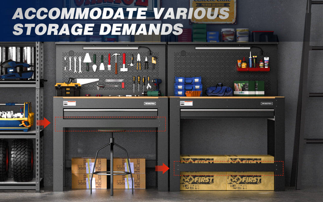 Workshop storage cabinets with tools on pegboard, innovation and quality shown by labeled drawers
