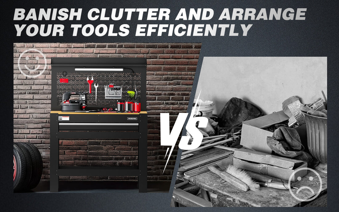 Tool storage cabinet and tools beside a brick wall, with a wrench and hammer in a cluttered scene