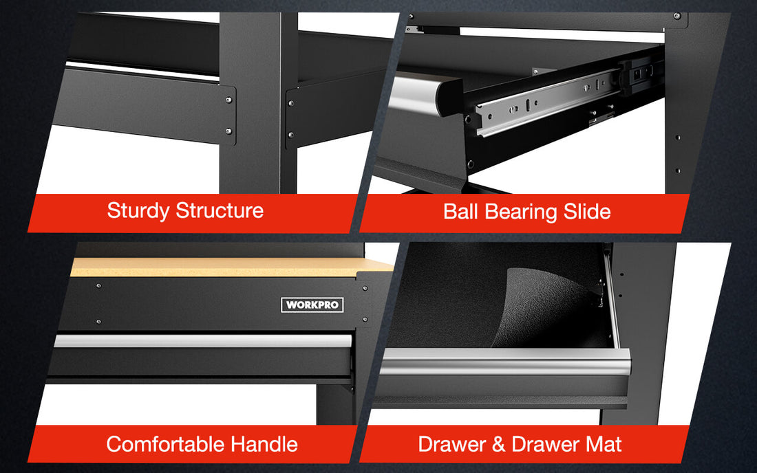 Workbench drawer and slide mechanism with WORKPRO label, showing sturdy structure and comfortable handle
