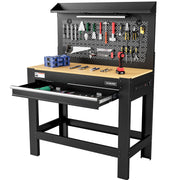 Workbench with pegboard organizer and pull-out work surface with tool accessories