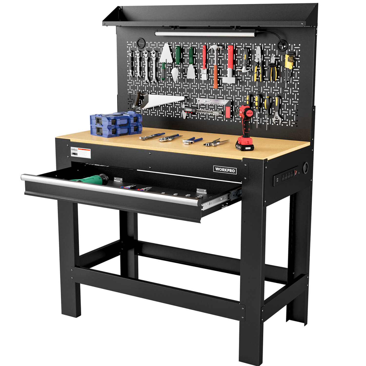 Workbench with pegboard organizer and pull-out work surface with tool accessories