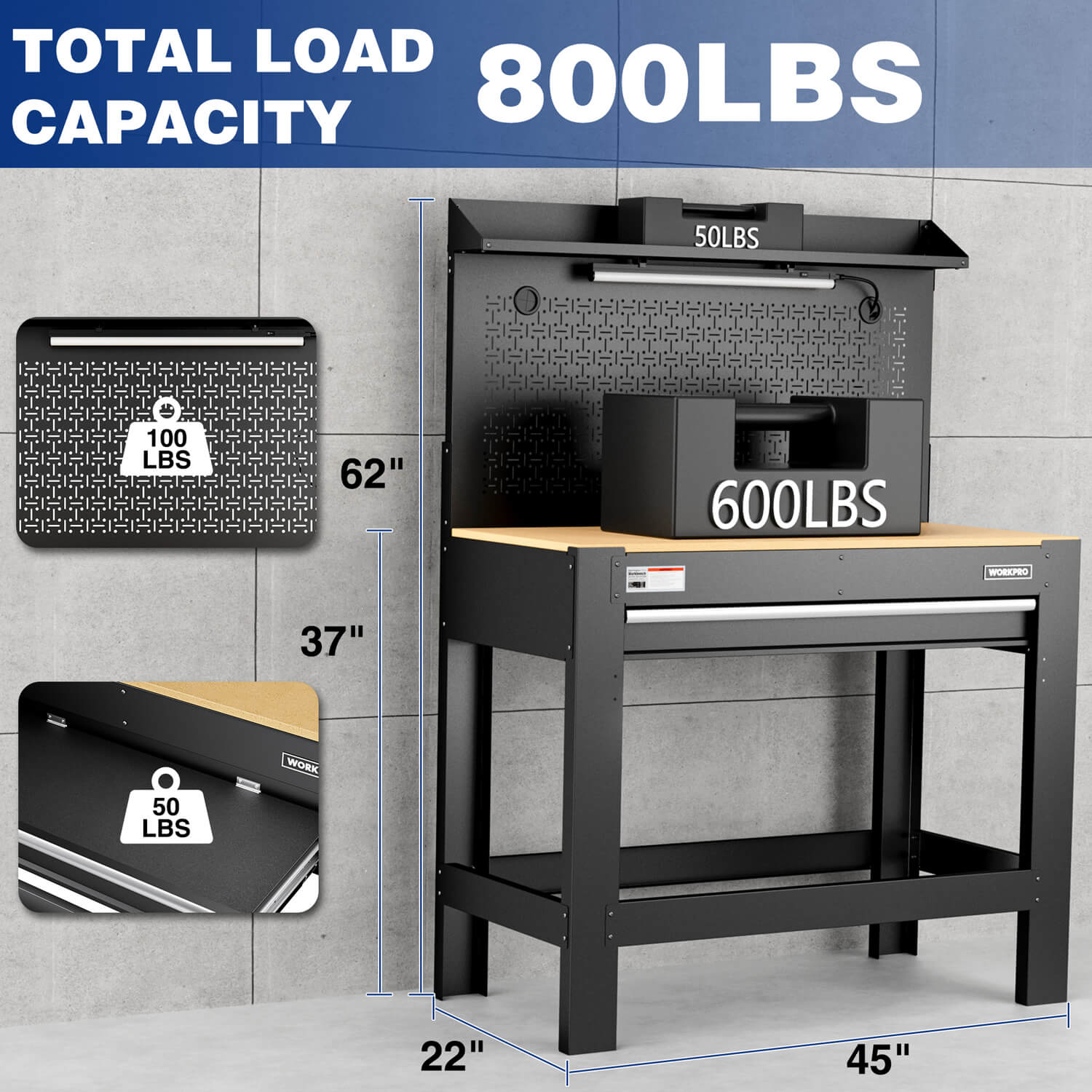 Heavy-duty workbench rated for 800 lbs capacity with pegboard storage
