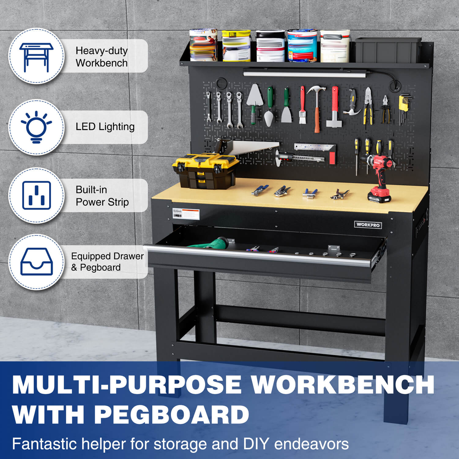 Multi-purpose workbench with pegboard, LED lighting, power strip, and drawer storage
