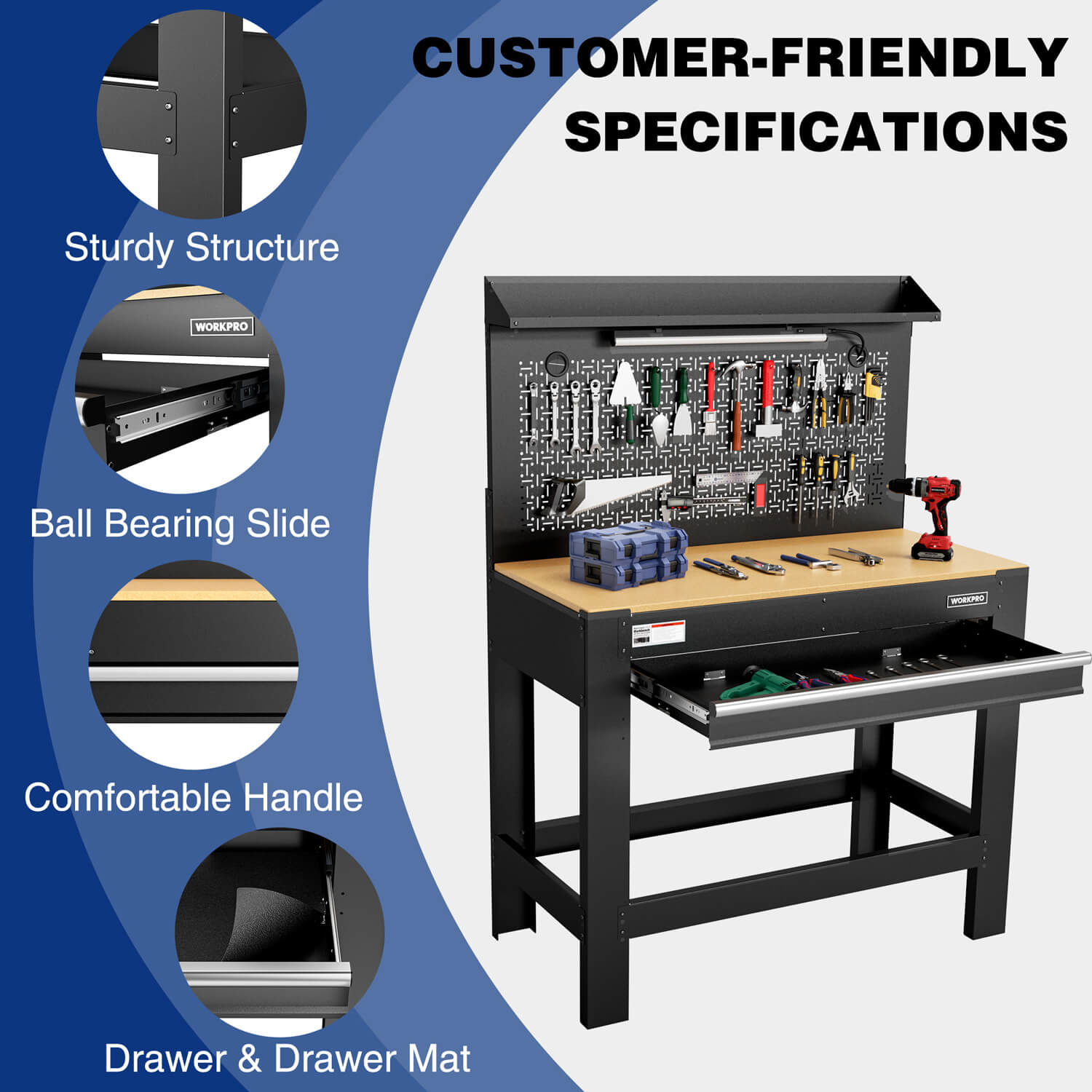 Heavy-duty workbench with pegboard, built-in power strip, LED light, and drawer