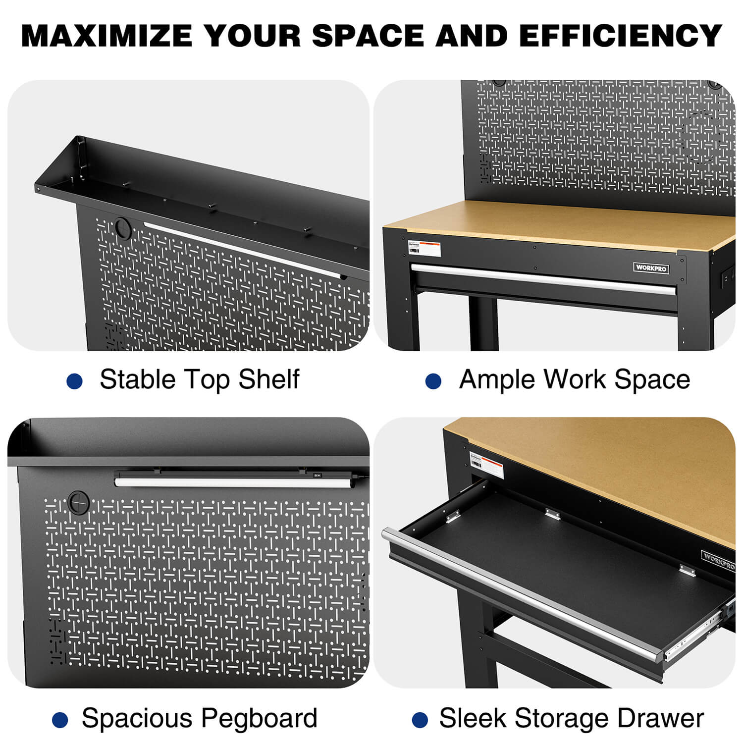 Workbench with pegboard back, stable top shelf, and spacious storage drawer