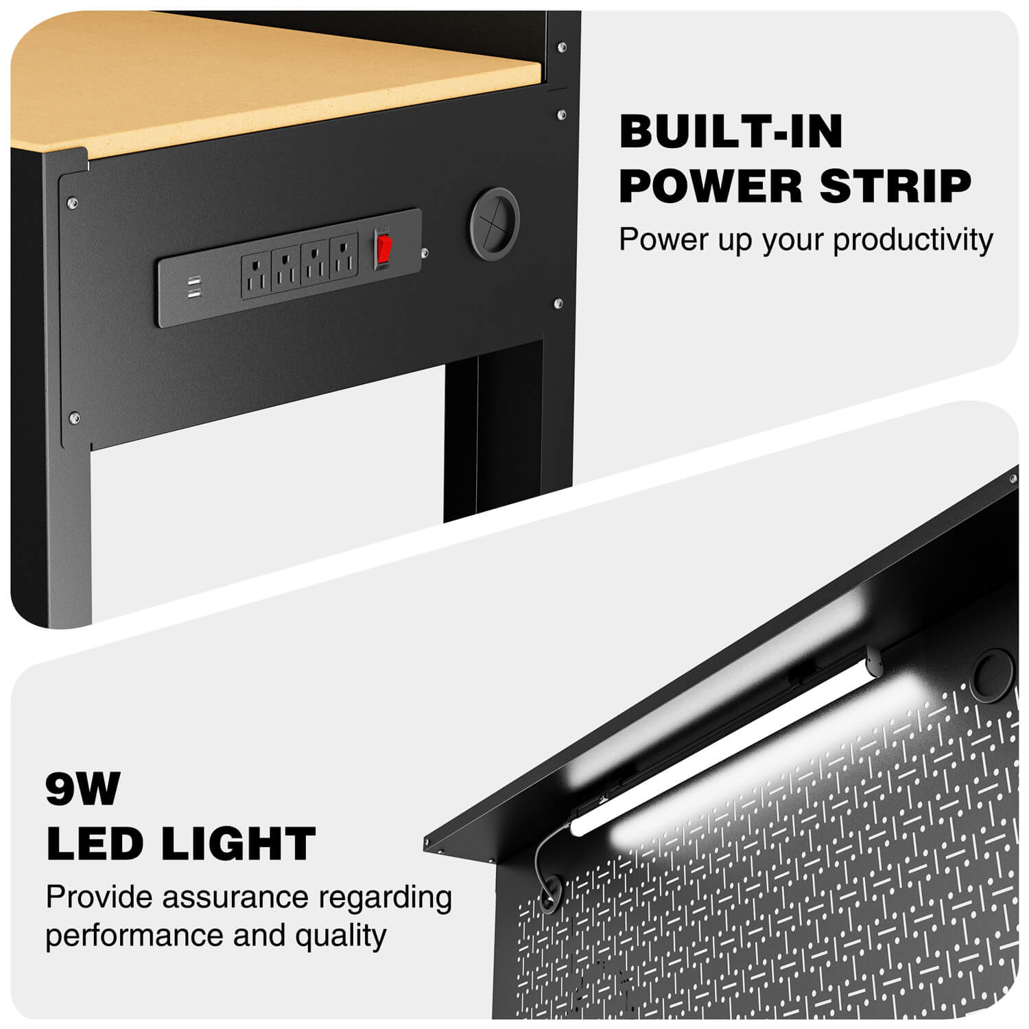 Workbench back panel with built-in power strip and LED light strip
