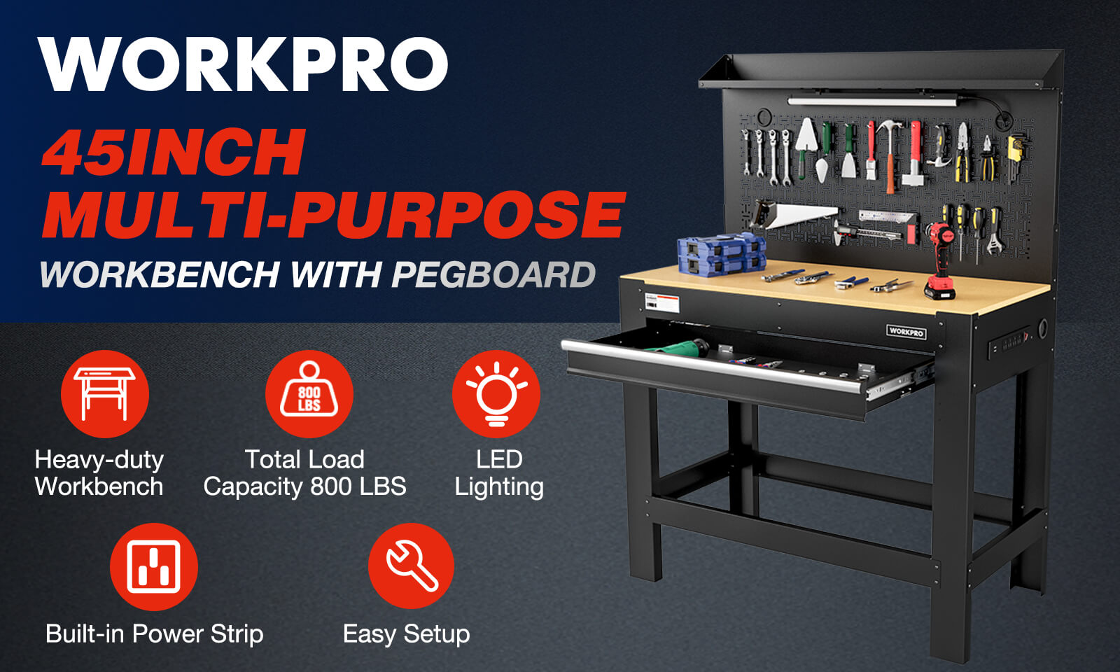 Workbench with pegboard and tools, LED lighting, labeled 45 inch multi ti purpose, innovation and quality