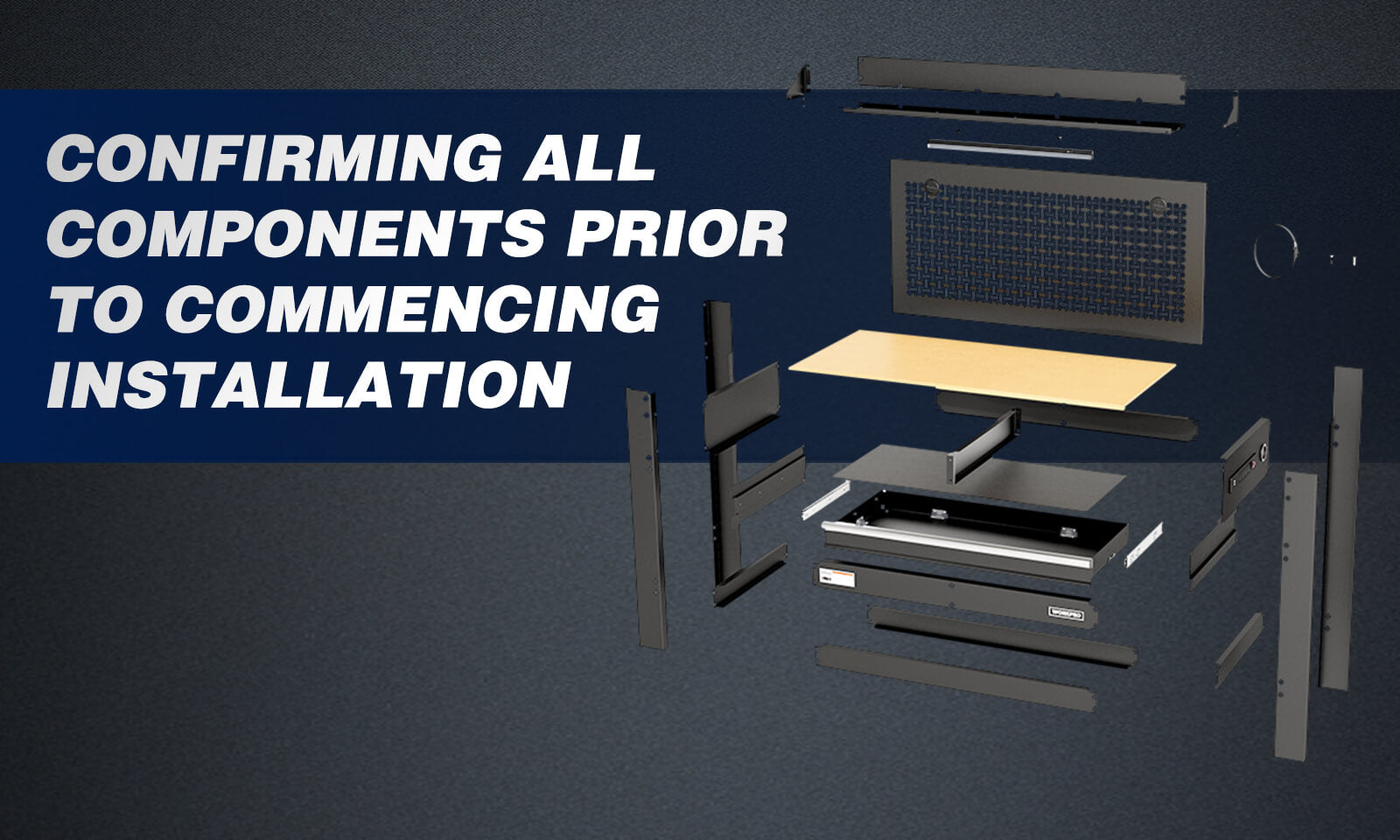 Industrial machine diagram with blue panel text confirming all components prior to installation