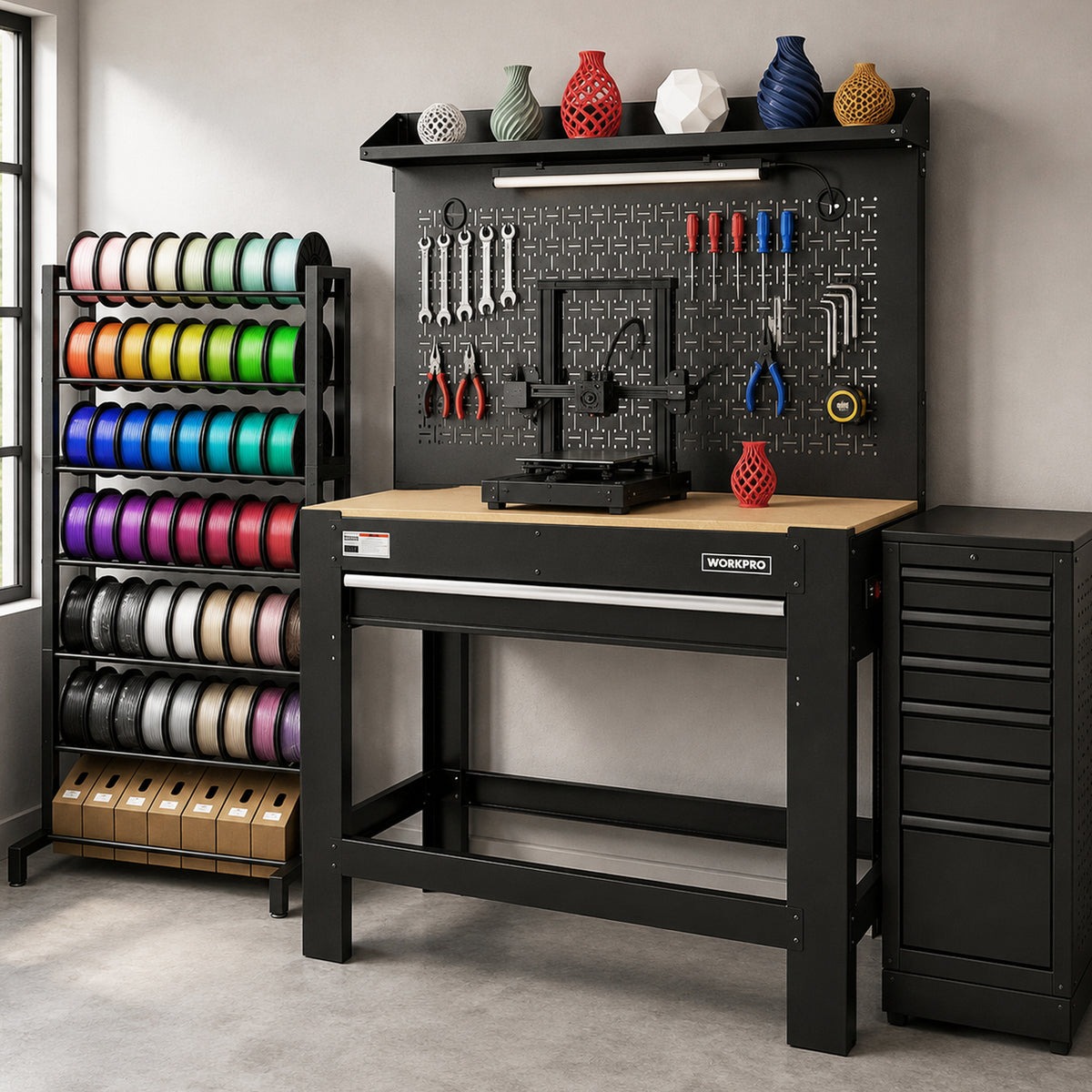 WORKPRO 45"×22" Heavy-Duty Workbench, 800 LBS Capacity with Pegboard, Storage, Power Outlets & LED Light