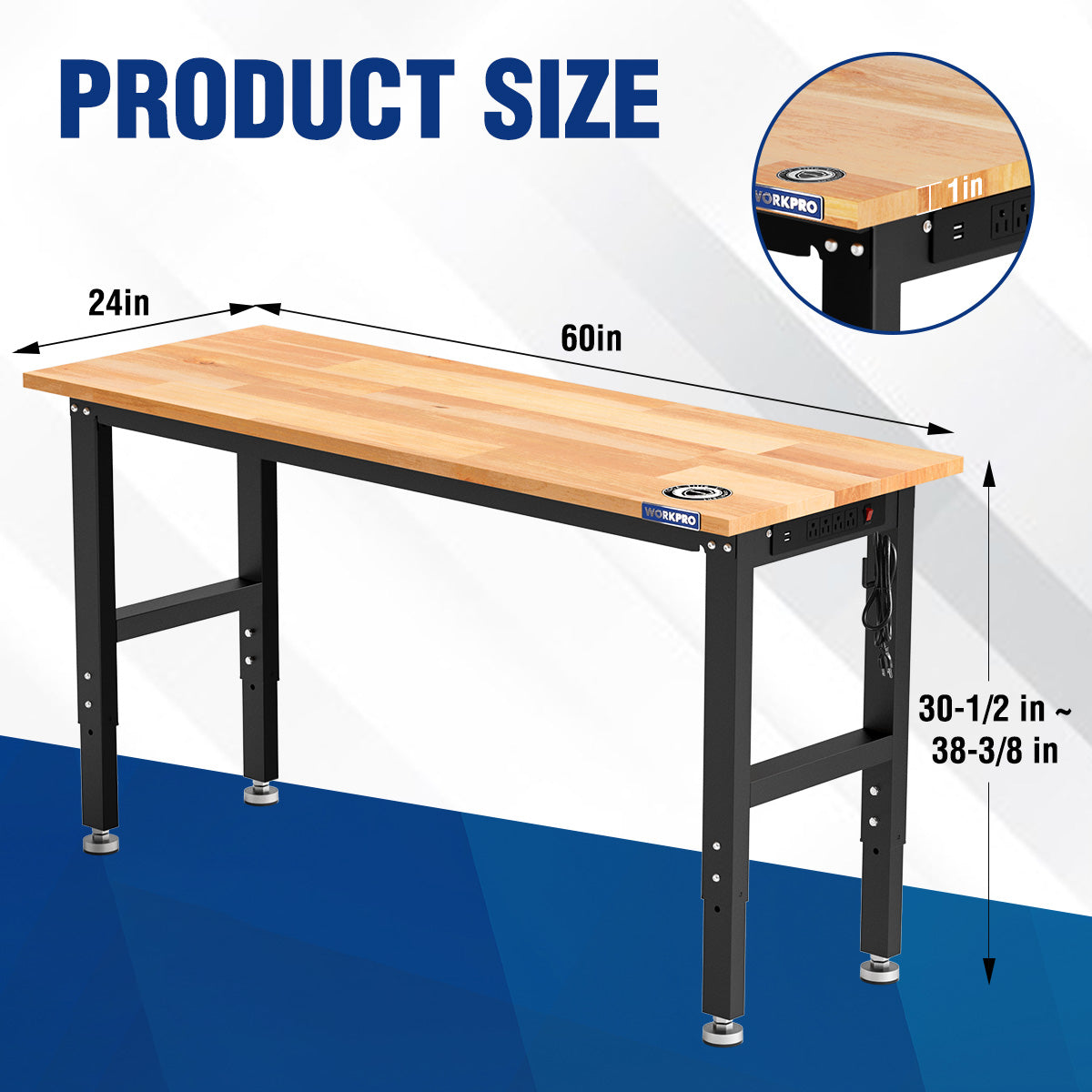 Hardwood adjustable workbench with black legs, size dimensions for tabletop and height
