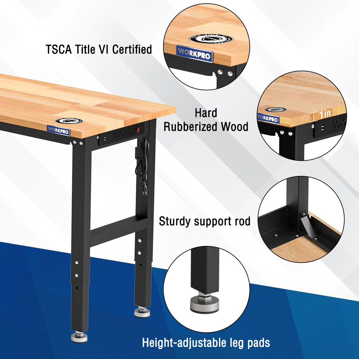Hardwood adjustable workbench with rubberized wood top, support rod and adjustable leg pads