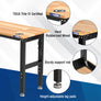 Hardwood adjustable workbench with rubberized wood top, support rod and adjustable leg pads