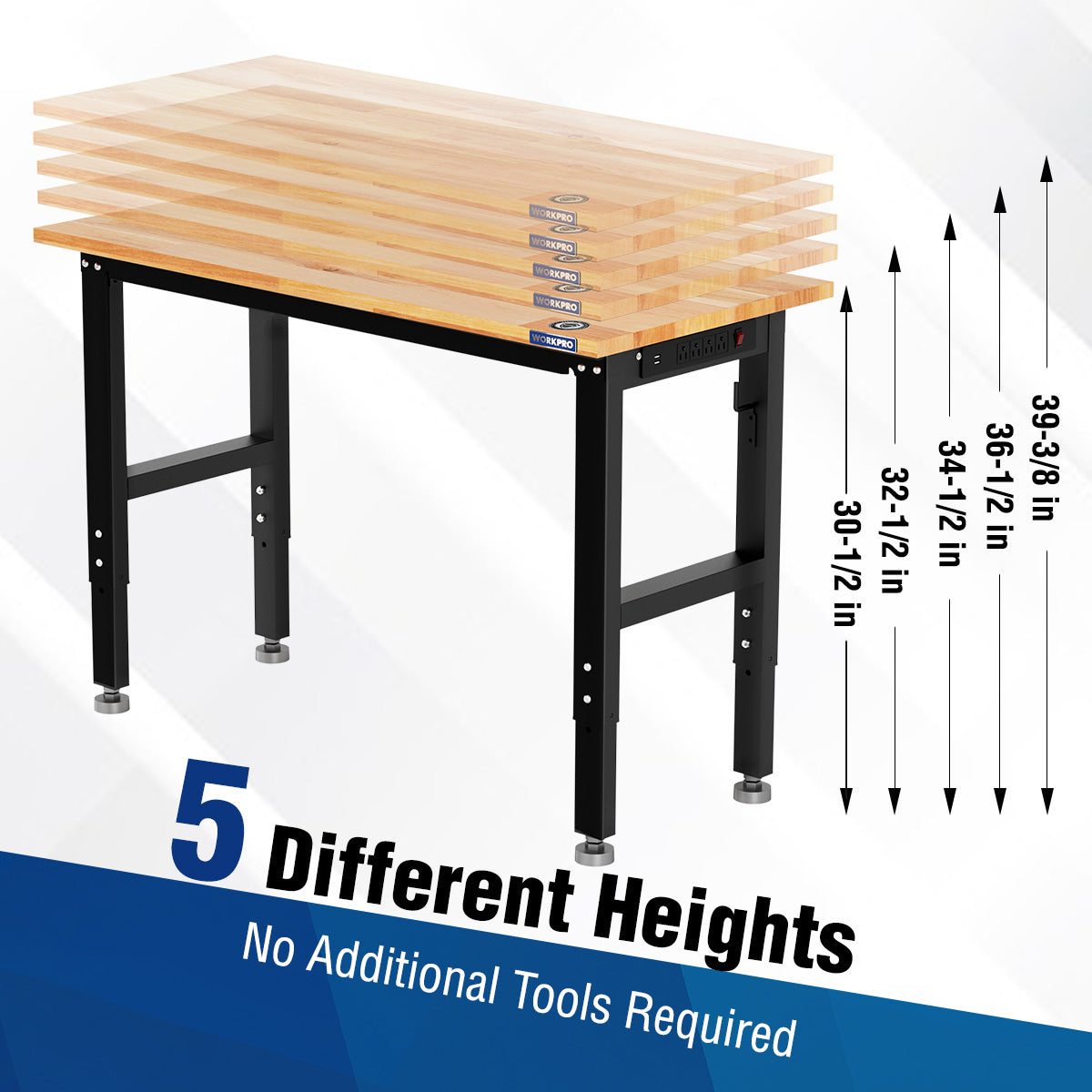 Hardwood adjustable workbench with black legs showing five different height settings