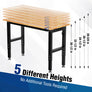 Hardwood adjustable workbench with black legs showing five different height settings